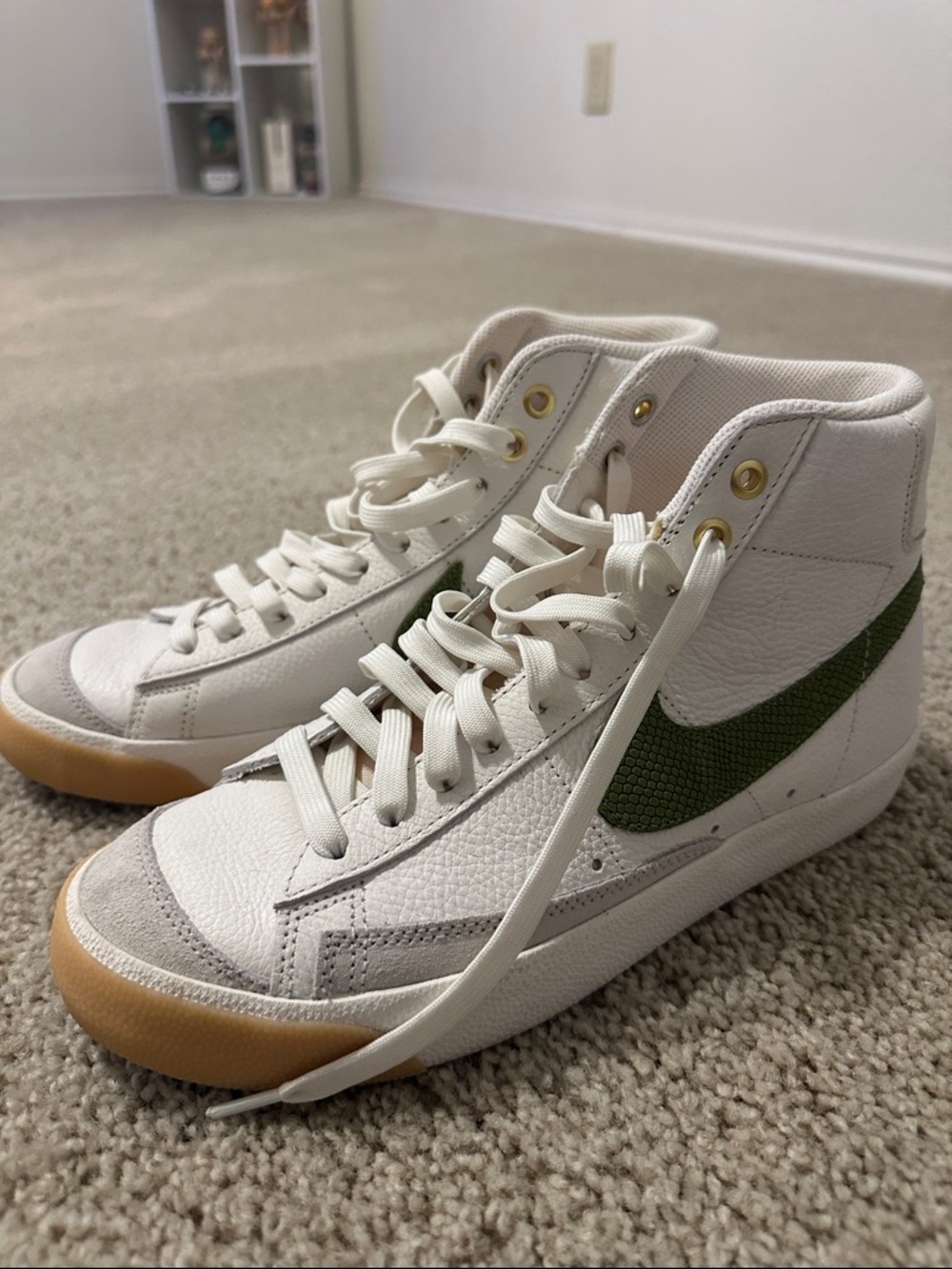 Nike High-Top Sneakers in White with Olive Green Swoosh and Gum Sole